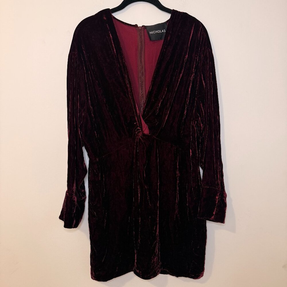 Nicholas Burgundy Velvet Long Sleeve V-neck Mini Dress